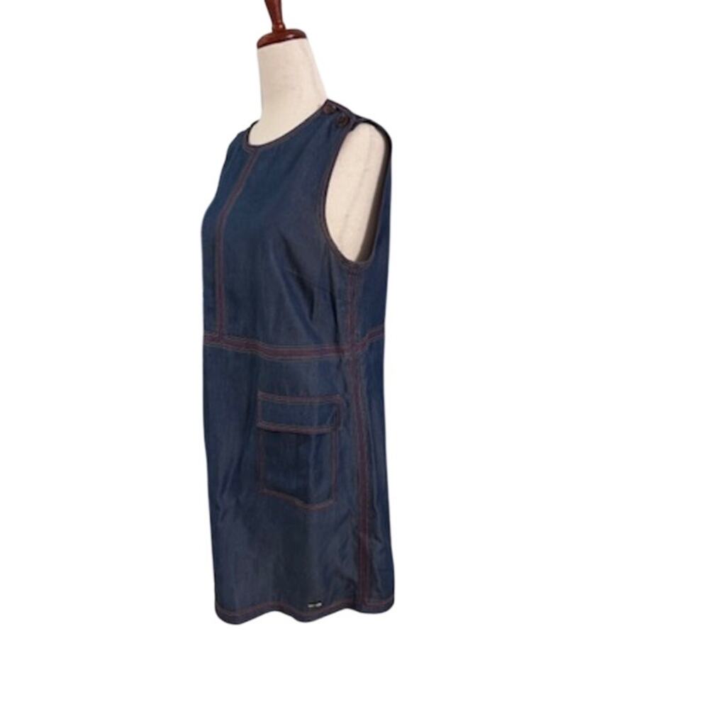 Ted Baker Denim Shift Dress SZ 3 Blue Contrast Stitch Sleeveless Pockets S